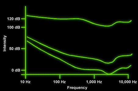 A graph of human perception of intensity versus frequecy level